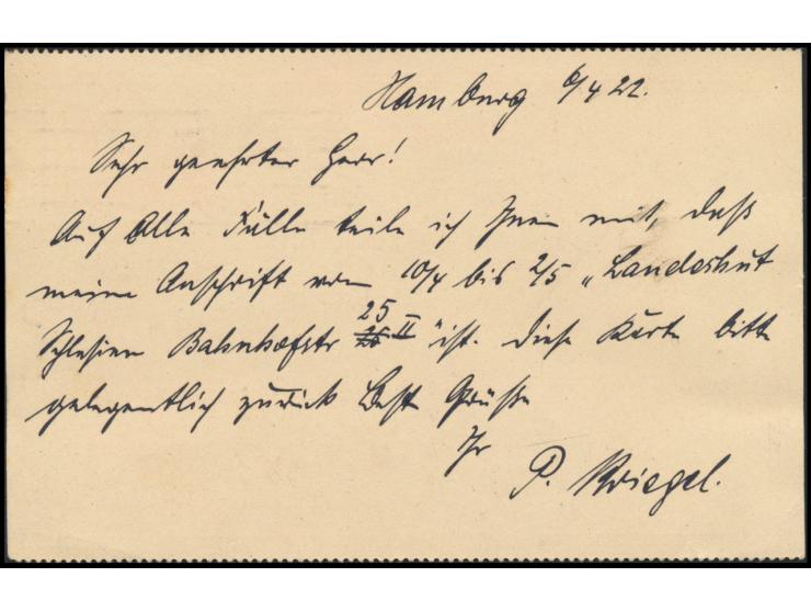 Ganzsache  Postreiter  40 Pf. mit Aufwertung 85 Pf.,  gezähnt,  Maschinenstempel Hamburg 1 6.4.22, seltene portorichtige Verw