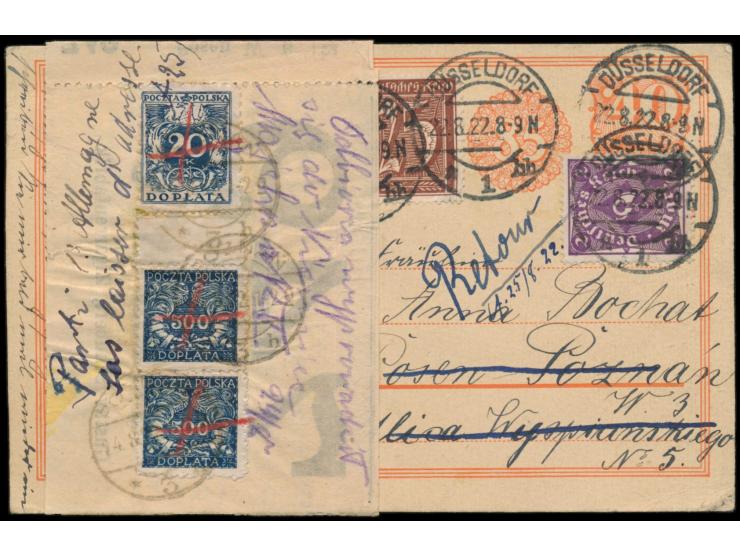 Ganzsache 40 Pf. Postreiter mit Ergänzungswertstempel 85 Pf., Zusatzfrankatur 25 Pf. Ziffer und 2 M. Posthorn, als portoricht