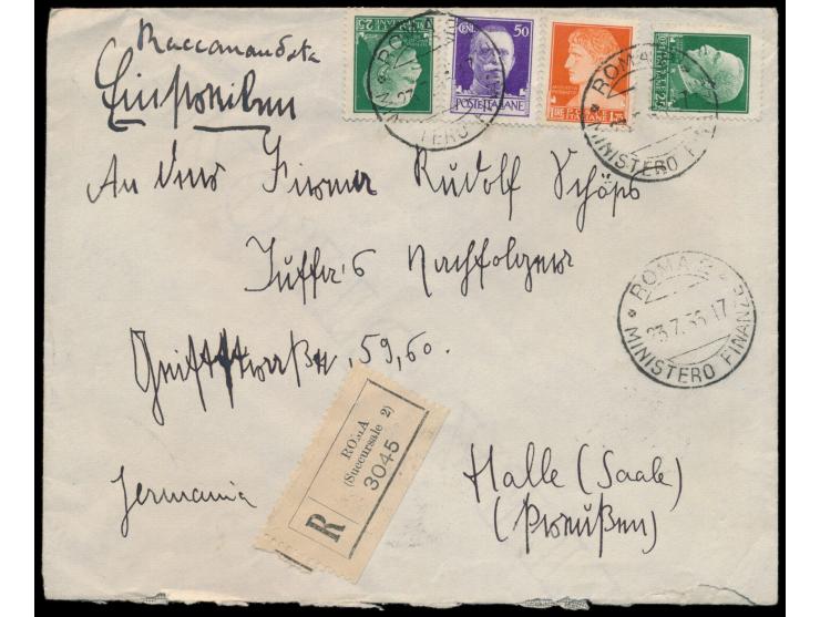 Imperiale 2 x 25 C., 50 C. und 1,75 L. auf Einschreibbrief mit Stempel  Roma 2 Ministero Finanze  23.7.36 nach Deutschland, A