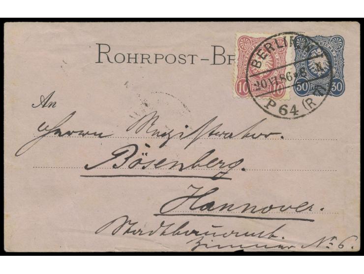 Rohrpost-Ganzsachen-Umschlag 30 Pfg. mit Zusatzfrankatur 10 Pfg.  nach Hannover,  Rohrpoststempel Berlin P 64 (R7) 20.6.84, A