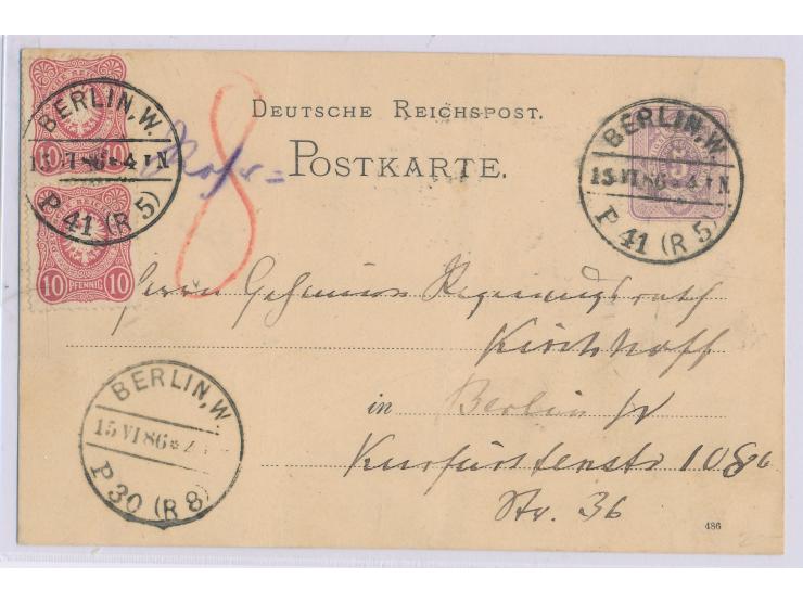 Ganzsache 5 Pf. mit Zusatzfrankatur 2 x 10 Pf. als Rohrpostkarte, Stempel  Berlin, W. P 41 (R 5)  15.6.86, Ankunftstempel Ber