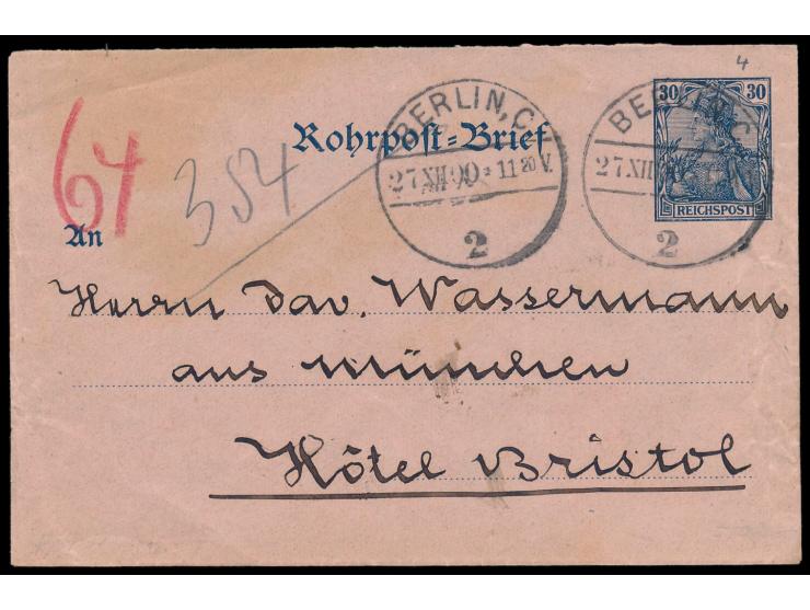 Rohrpostumschlag 30 Pf. mit Rohrpost-Stempel Berlin, C 2 27.12.00, an einen Gast des Hotel Bristol (Unter den Linden 5-6), rü