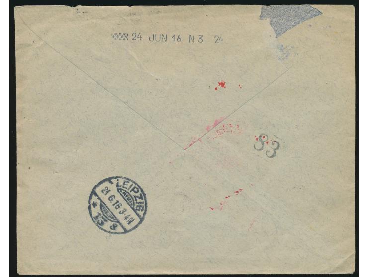 Österreich 10 H. (Ausgabe 1908) im Viererblock auf Expressbrief von Lienz 20.6.16, roter Zensurstempel, Ankunftstempel Leipzi