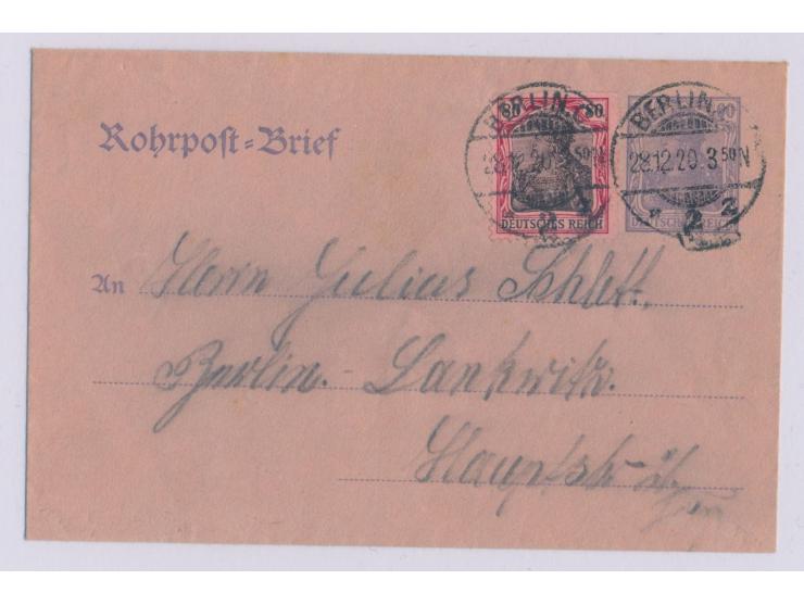 Rohrpost-Ganzsachenumschlag 60 Pf. mit Zusatzfrankatur 80 Pf., Stempel  Berlin. C. 2  28.12.20, Ankunftstempel Berlin-Lankwit