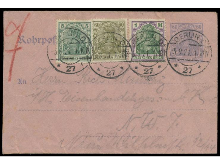 Ganzsachen-Umschlag 60 Pfg. Germania mit Zusatzfrankatur 5 und 60 Pfg. und 1 Mk. Germania portorichtig, Stempel C 27 5.9.21, 