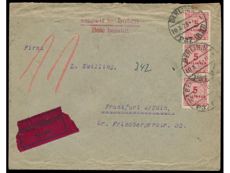 3 x 5 Mio M auf Eilbotenbrief mit &nbsp;Rohrpoststempel Berlin, N. P 37 (R 37) &nbsp;10.10.23 nach Frankfurt / Main, &nbsp;Po