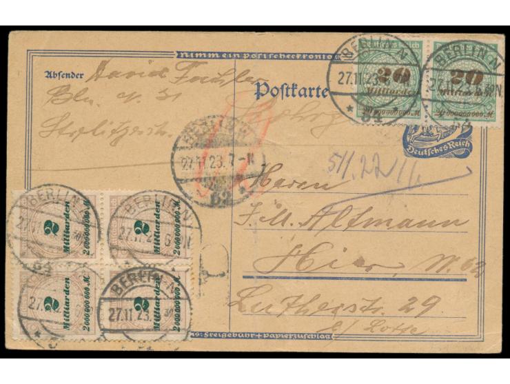 Postreiter-Ganzsache als Formular mit Viererblock 2 Mrd M und Paar 20 Mrd M per  Rohrpost  innerhalb Berlins,  Vierfachporto 