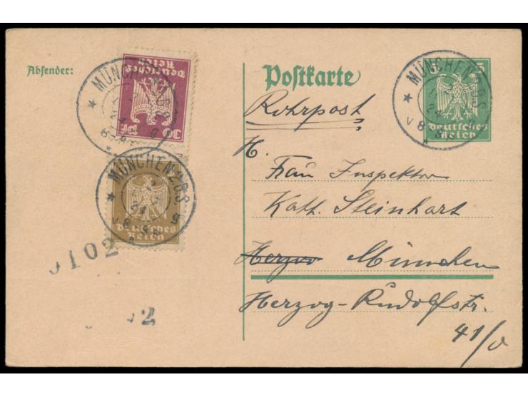Ganzsache 5 Pf. mit Zusatzfranktur 3 Pf. und 30 Pf. als &nbsp;Rohrpostkarte &nbsp;in München, Stempel &nbsp;München 2 B.S. &n