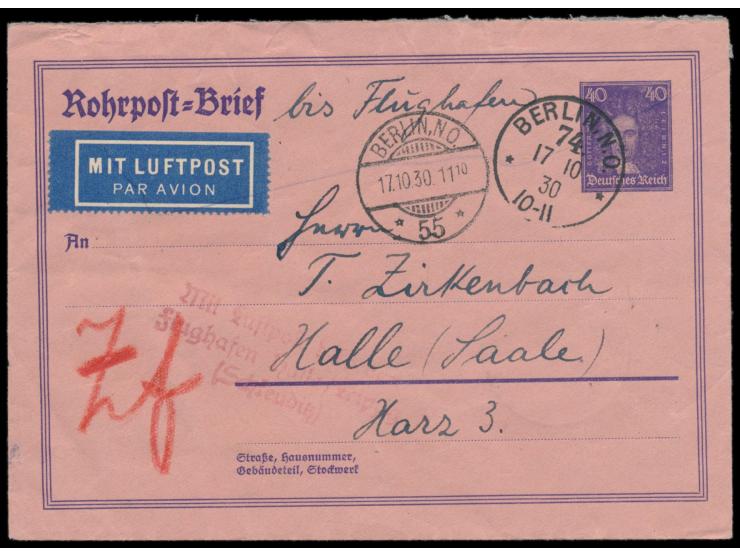 Rohrpostumschlag 40 Pf. Leibniz  mit Stempel  Berlin, N.O. 74  17.10.30 als Luftpostbrief mit Rohrpost zum Flughafen, Durchga