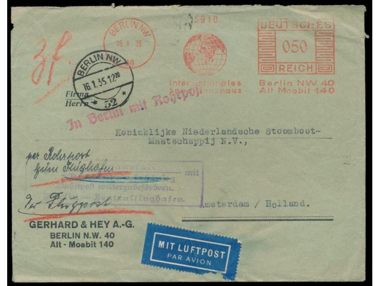 Auslands-Luftpostbrief nach Amsterdam mit &nbsp;Absenderfreistempel &nbsp;&quot;Internationales Speditionshaus&quot; Berlin N