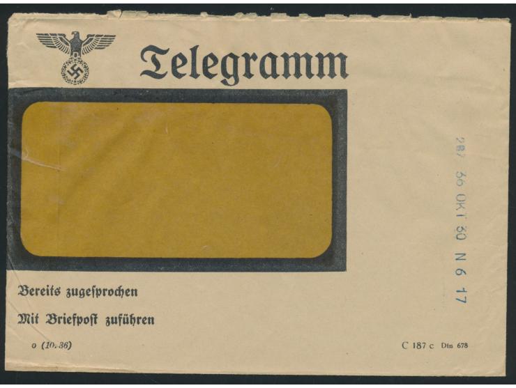 Telegramm-Umschlag (Fensterumschlag) mit rückseitiger Reklame "Schnelles Handeln ... telegraphieren Sie!", vorderseitig Stech