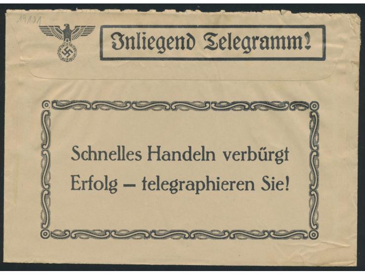 Telegramm-Umschlag (Fensterumschlag) mit rückseitiger Reklame "Schnelles Handeln ... telegraphieren Sie!", vorderseitig Stech