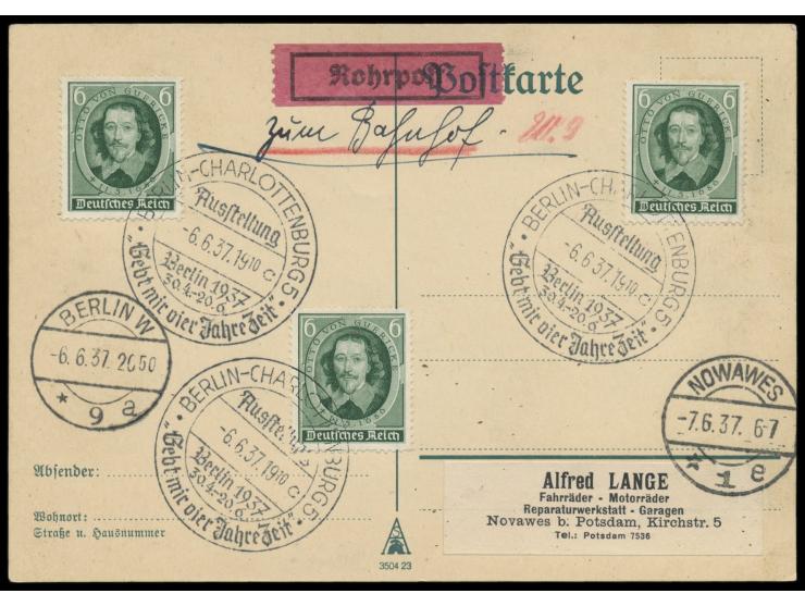 3x 6 Pfg. Guericke auf Karte "mit Rohrpost zum Bahnhof", Sonderstempel  Berlin-Charlottenburg 5 Ausstellung  ... vier Jahre Z