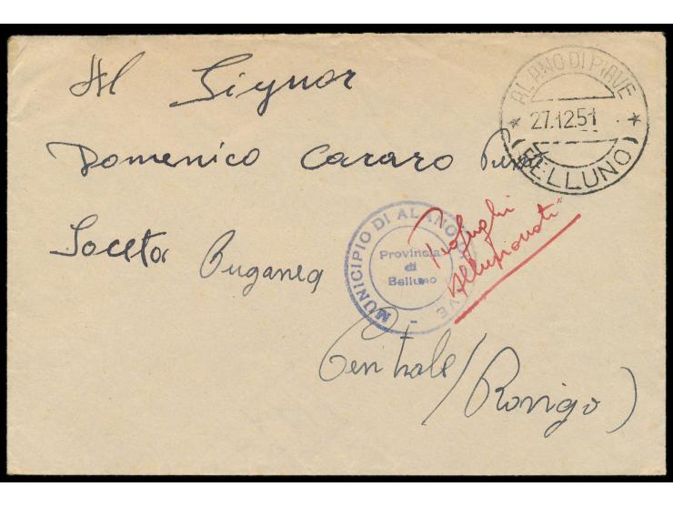 portofreier Brief eines Überschwemmungsflüchtlings während der großen Überschwemmungskatastrophe 1951,  Dienstsiegel "Muncipi