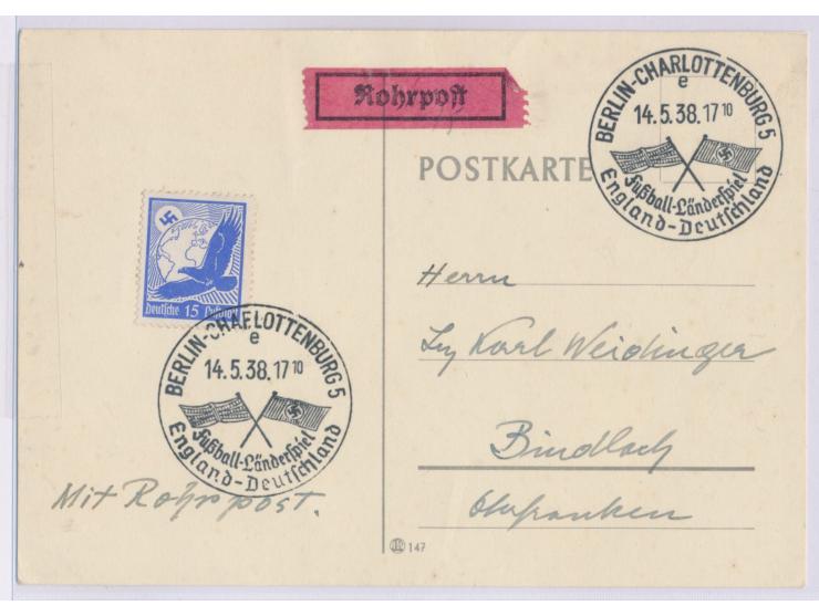 15 Pfg. Flugpost auf Rohrpostkarte mit Sonderstempel Berlin Charlottenburg 5  Fußball-Länderspiel England Deutschland  14.5.3