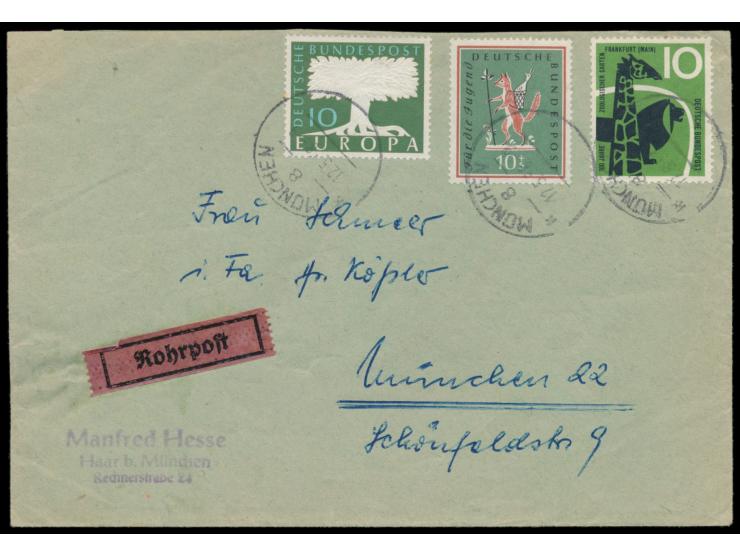 Rohrpost-Ortsbrief  mit Stempel  München 8  12.5.58, frankiert mit drei Sondermarken zu 10 Pf. (Porto 30 Pf.), rückseitig rot