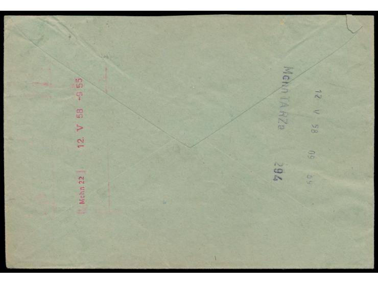 Rohrpost-Ortsbrief  mit Stempel  München 8  12.5.58, frankiert mit drei Sondermarken zu 10 Pf. (Porto 30 Pf.), rückseitig rot