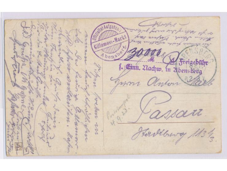 Abensberg,  seltener violetter  Einnahme-Nachweisstempel  mit handschriftlichem Porto 30.000 auf Ansichtskarte, Poststempel 4
