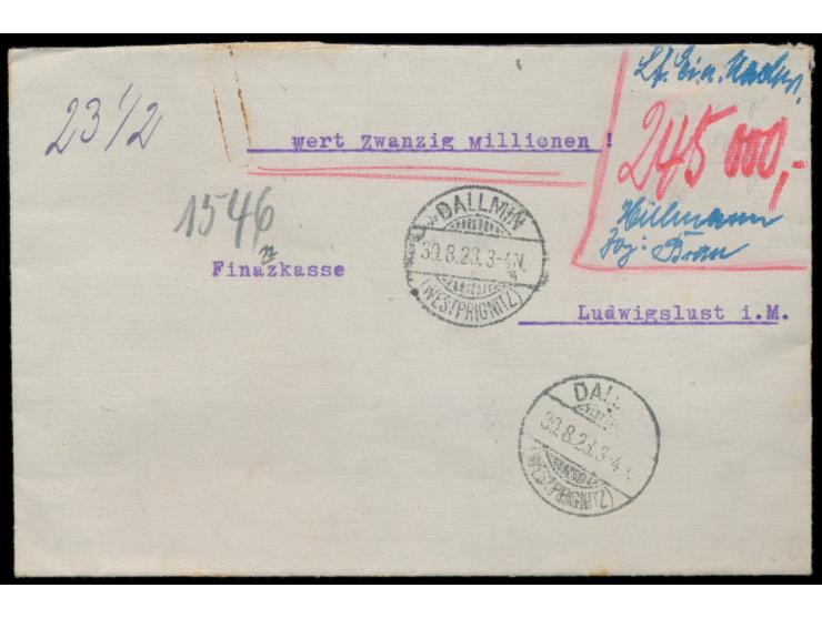 Dallmin (Westprignitz),  gesiegelter Wertbrief 30.8.23 mit Wertangabe "Zwanzig Millionen" nach Ludwigslust, handschriftlich  