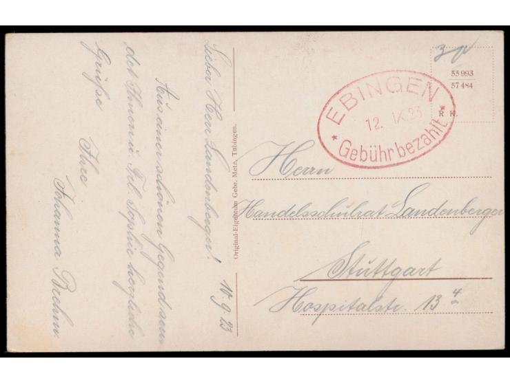 Ebingen,  roter Gebühr bezahlt-Ovalstempel   12.9.23 auf Ansichtskarte nach Stuttgart, Bedarf
Stichwort: Württemberg
Postleit