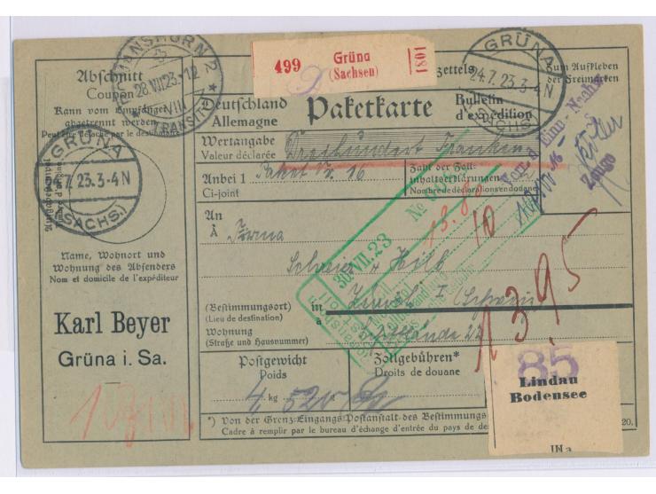 Grüna (Sachs),  violetter zweizeiliger  Einnahme-Nachweis-Stempel  auf Auslands-Wertpaketkarte in die Schweiz, Stempel Grüna 