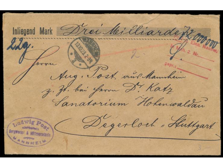 Mannheim 2,  seltener vierzeiliger  Einnahme-Nachweisstempel  mit handschriftlicher Portoangabe "72.000.000" auf  Wertbrief  