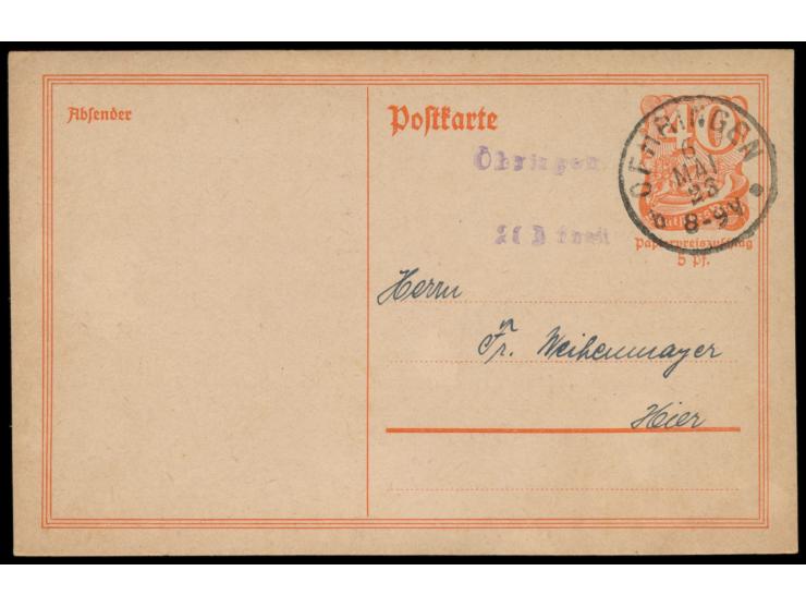 Öhringen, &nbsp;seltener violetter Setzkastenstempel Öhringen / 20 T. frei &nbsp;auf Postreiter-Ganzsache 40 Pf. als Formblat