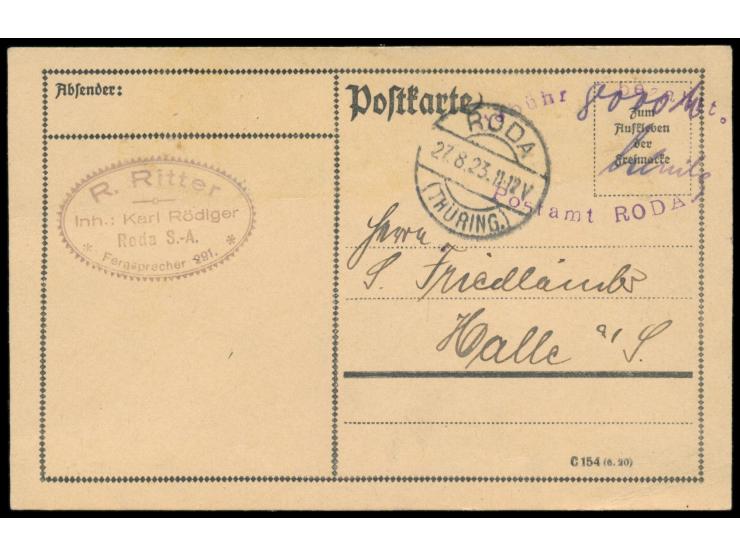 Roda (Thüring.), &nbsp;gebogener Zweizeiler &nbsp;Gebühr bezahlt / Postamt Roda &nbsp;(Setzkasten Type), handschriftlich 8000