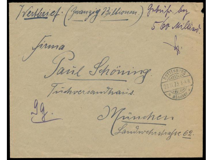 Rottenburg a. Laaber,  Brief 28.11.23 mit  Wertangabe 20 Billionen  nach München, handschriftlich "Gebühr bez. 560 Milliard."