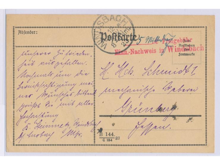 Windsbach,  roter  Einnahme-Nachweis-L2  auf Postkarte (Formular B 144. / C 154 23), Stempel Windsbach 12.11.23, nach Grünber