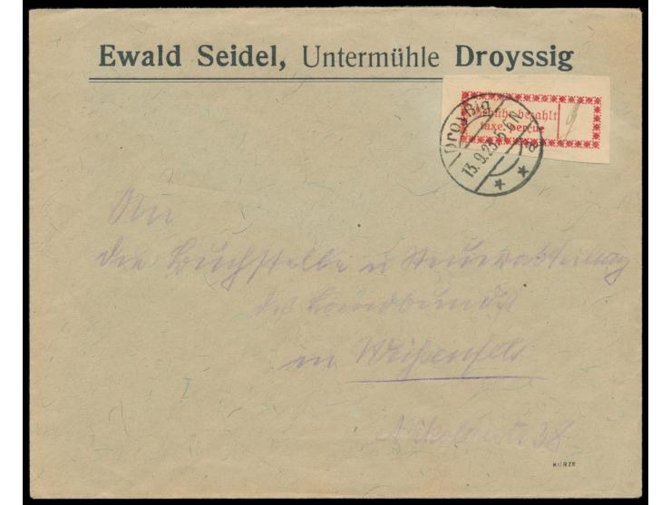 Halle (Saale) OPD,  Firmenbrief mit bräunlichrotem Gebührenzettel, Stempel  Droyßig  13.9.23, nach Weißenfels, Bedarf
Postlei