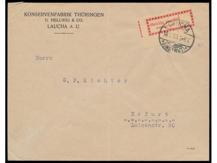 Halle (Saale) OPD,  Firmenbrief mit bräunlichrotem Gebührenzettel (kleinere Schrift) mit Unterrand, Stempel  Laucha (Unstrut)