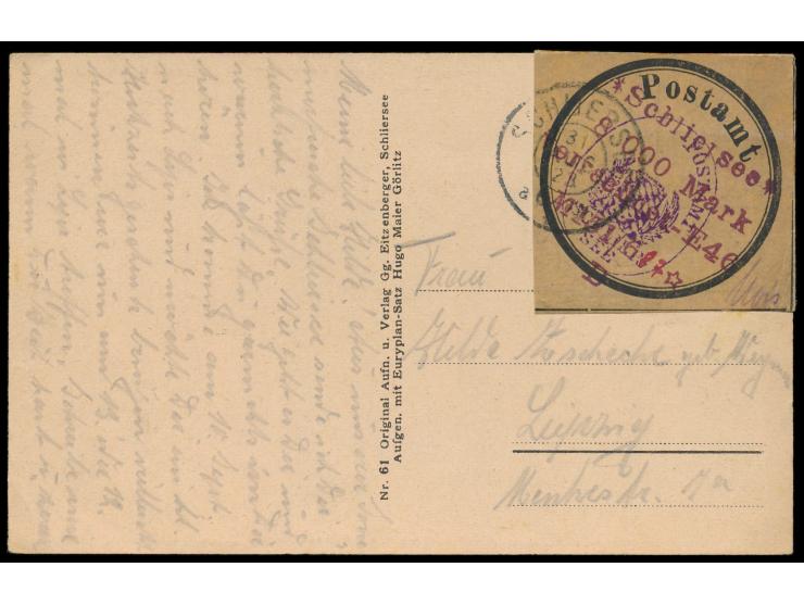 Schliersee,  Gebührenzettel 8 000 M auf braunem Papier, auf Ansichtskarte nach Leipzig, Stempel Schliersee 31.8.23, Porto-Let