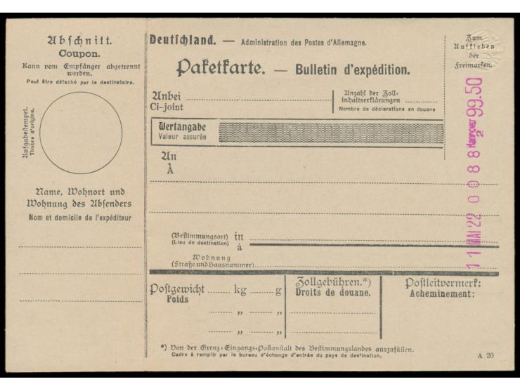 Anker-Registrierkasse   Hannover 2  11. Mai 22, Wertangabe 99.50 M. und farblos eingeprägtem Reichsadler,  ohne Kupon-Zeile ,