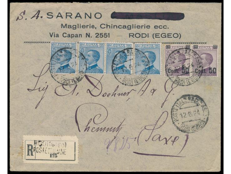 Ägäische Inseln,  Michetti 4 x 25 C. und 2 x 50 C. auf 55 C. auf  Einschreibbrief  nach Deutschland, Stempel  Poste Ital. Rac