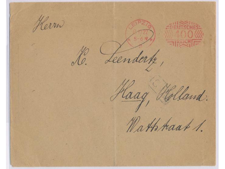 Postfreistempel Leipzig 2 13.10.22 mit  Zierrahmen Deutsches Reich 400 Pf.  portorichtig als Auslands-Drucksache nach Holland