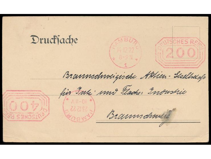 2 x Postfreistempel Hamburg 1 14.12.22 mit Achteck-Wertrahmen 200 Pf. (Datum-Fehleinstellung) und 23.12.22 mit 400 Pf. wegen 