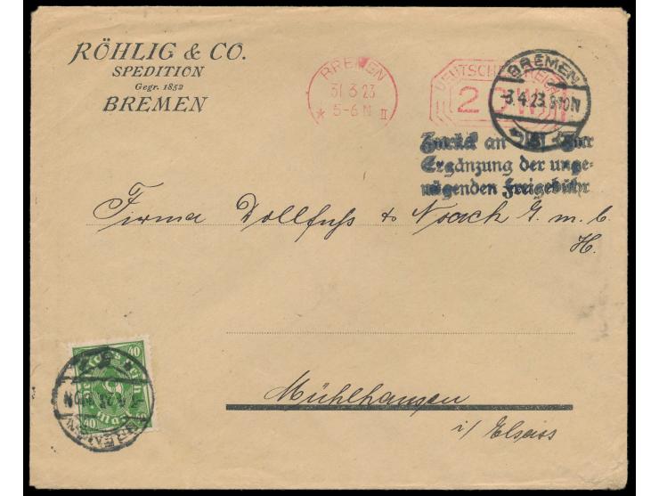 Postfreistempel  Bremen  31.3.23 mit Achteck-Wertrahmen 20 W. (M kopfstehend) auf Auslandsdrucksache nach Frankreich, unterfr