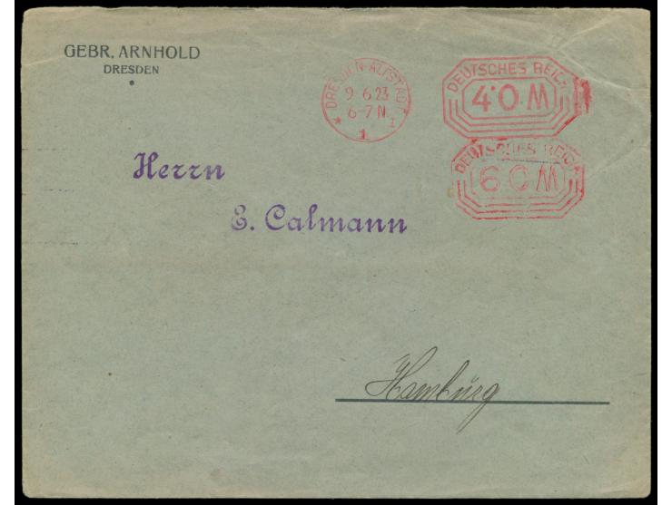 Brief mit Postfreistempel Dresden-Altstadt 1 9.6.23 mit Achteck-Wertrahmen Deutsches Reich 40M, ergänzt durch einen Abschlag 