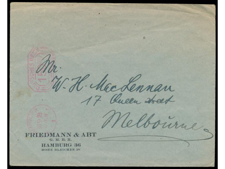 Postfreistempel &nbsp;Hamburg 1 &nbsp;30.9.23, &nbsp;Porto-Letzttag, &nbsp;Achteck-Wertrahmen mit Wertziffer 150.000, Ausland