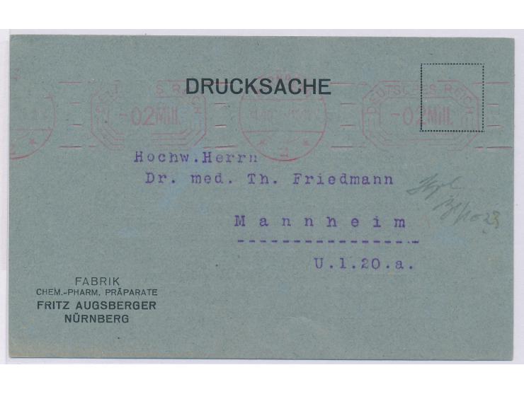 Postfreistempel  Nürnberg 2  31.10.23 mit Achteck-Wertrahmen Deutsches Reich mit Wertangabe  -02Mill  auf Drucksache nach Man