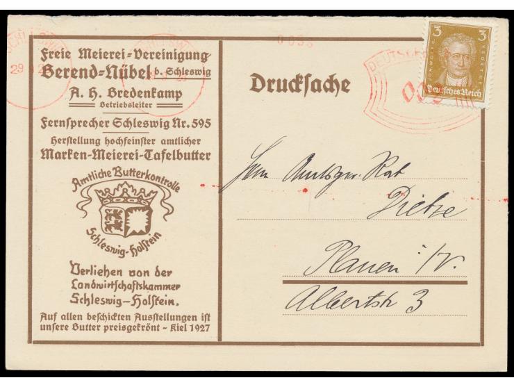 Paketkarten-Postfreistempel   Schleswig  29.9.28 mit Bogen-Rechteck-Wertstempel 2 Pf.   und  2 Stempelköpfen links  29.9.28 a