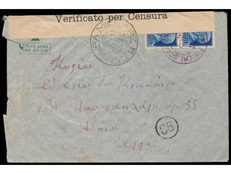 Ägäis - Insel Scarpanto:  2 x 1,25 L. "Imperiale" auf Luftpostbrief mit sehr seltenem roten Stempel  Finichi Scarpanto / Egeo