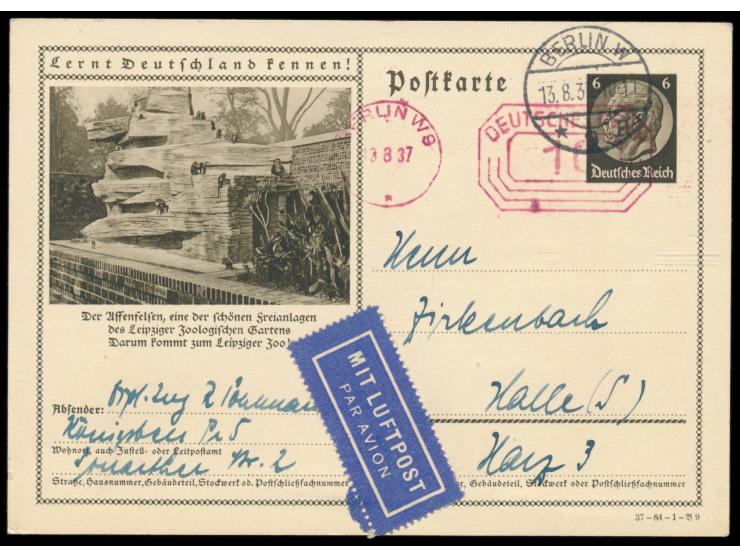 Münzfreistempel Berlin W 9  13.8.37 mit Achteck-Wertrahmen 10 Pf. und Tagesstempel Berlin W 9 13.8.37 auf Bildganzsache 6 Pf.