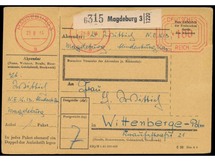 Paketkarten-Postfreistempel   Magdeburg 3  21.8.44 mit Achteck-Wertrahmen Deutsches Reich 100 Pf., 2 Stempelköpfe für Stammte