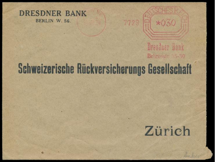 Francotyp-Absenderfreistempel-Vorläufer,  Fabrikat Anker,  Berlin W 8, Dresdner Bank, Behrensstr. 35-39,  Achteck-Wertrahmen 