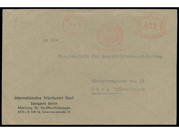 Absenderfreistempel  Internationales Arbeitsamt Genf / Zweigamt Berlin,  Berlin NW 40 15.9.30, Bogenrechteck-Wertrahmen mit W