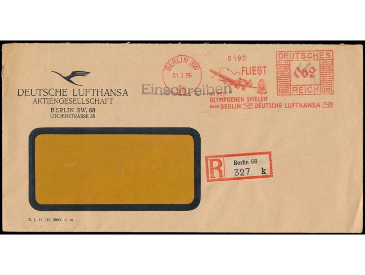 Absenderfreistempel Berlin SW 68 31.3.36, Einsatz  "Fliegt zu den Olympischen Spielen nach Berlin - Deutsche Lufthansa"  mit 