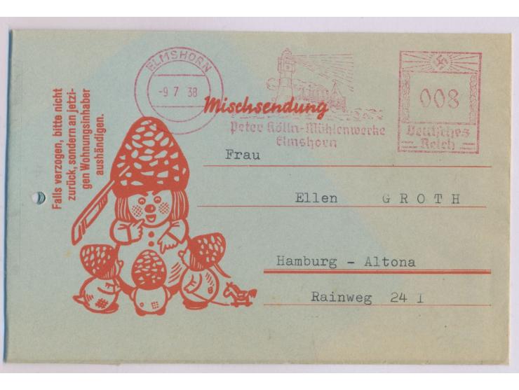 Reklameumschlag mit Absenderfreistempel  Elmshorn  9.7.38, Fa. Mölln Mühlenwerke, Hakenkreuz-Wertrahmen 008 Pfg., auf seltene