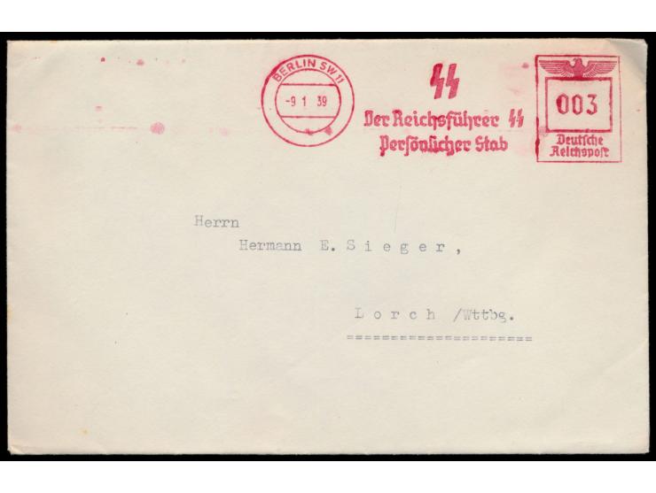 Absenderfreistempel  Berlin SW 11  9.1.39,  SS / Reichsführer SS / Persönlicher Stab,  Wertrahmen Reichsadler 003 Pf., Drucks